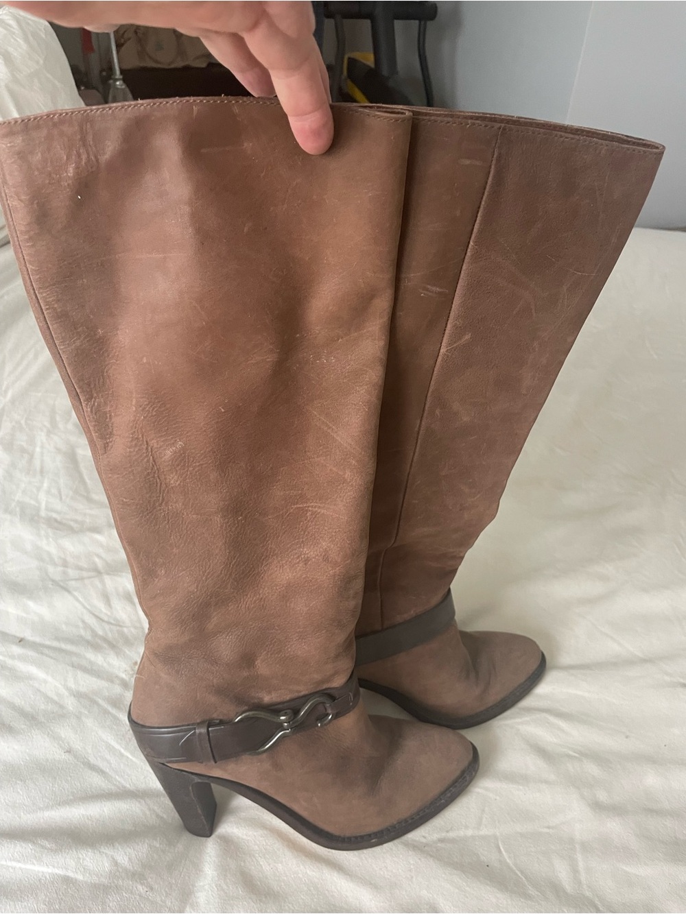 Cole Haan Chestnut Brown Leather Knee Boots with Dark Brown Strap
